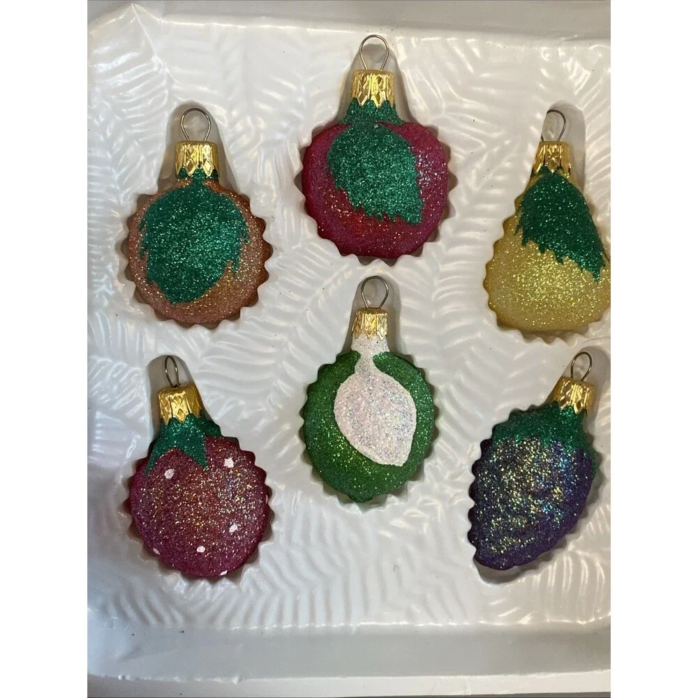 Vintage Christmas Glass Fruit Ornament Set of 6 Glittered 2002 Target Pear Apple